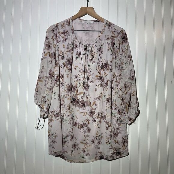 Rose + Olive Boho Floral Chiffon Blouse 1X Sheer Tie Neck Romantic Cottagecore - Picture 1 of 8